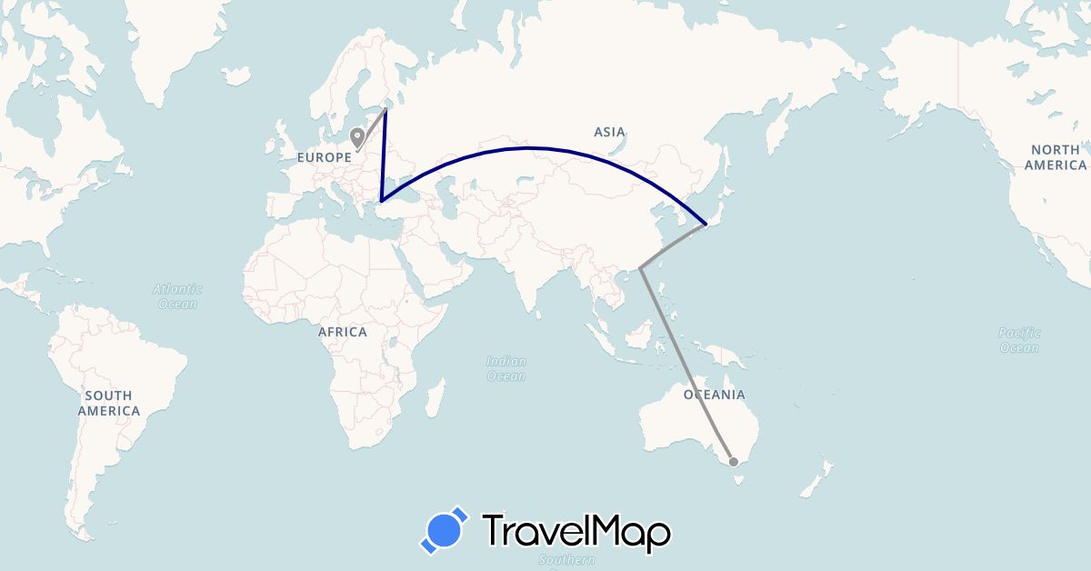 TravelMap itinerary: driving, plane in Australia, China, Japan, Poland, Russia, Turkey (Asia, Europe, Oceania)